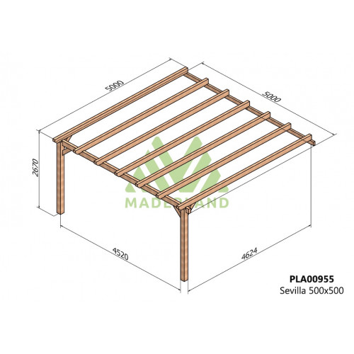 Pergola en bois adossée - modèle SEVILLA - 500 x 500 cm - Maderland