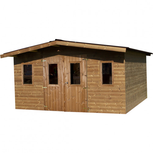 Abri Thermabri Double Pente 15,14 m² – Bois Thermochauffé – Plaques Ondulées Bitumées – Sans Plancher - HABRITA