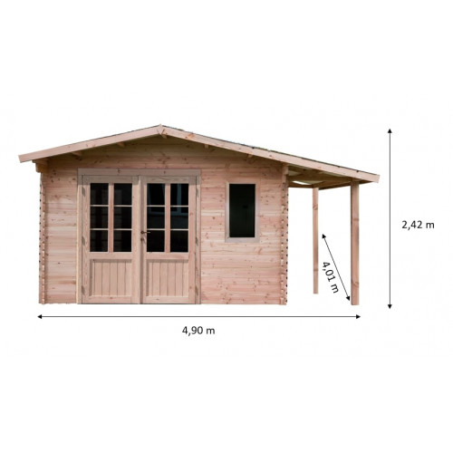 Abri de jardin double pente avec bûcher - Douglas massif - Madriers 28 mm - Feutre bitumé - Sans plancher - 12,25 m² - HABRITA