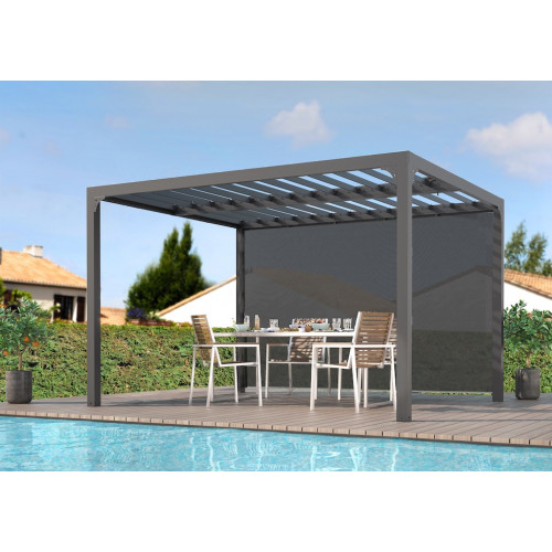 Pergola bioclimatique autoportante - Aluminium thermolaqué - Lames orientables - Rideau latéral - 10,80 m² - HABRITA