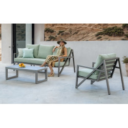 Salon de jardin sofa - Albania-8Dlux – 1 table, 1 canapé, 2 fauteuils - Champagne vert menta - HEVEA