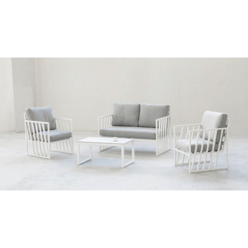 Salon de jardin sofa - Lovenia-7D – 1 table, 1 canapé, 2 fauteuils - Blanc gris Mariland - HEVEA