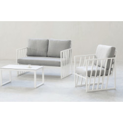 Salon de jardin sofa - Lovenia-7D – 1 table, 1 canapé, 2 fauteuils - Blanc gris Mariland - HEVEA