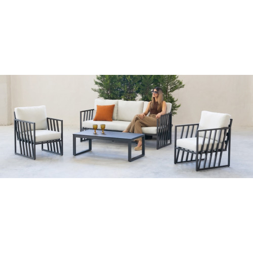 Salon de jardin sofa - Lovenia-8D – 1 table, 1 canapé, 2 fauteuils - Anthracite blanc Anais - HEVEA