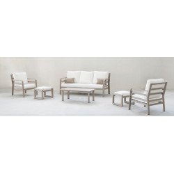 Salon de jardin sofa - Kravi-8 Dralon – 1 table, 1 canapé, 2 fauteuils - Champagne blanc Anais de marque HEVEA, référence: J8977800