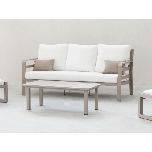 Salon de jardin sofa - Kravi-8 Dralon – 1 table, 1 canapé, 2 fauteuils - Champagne blanc Anais - HEVEA