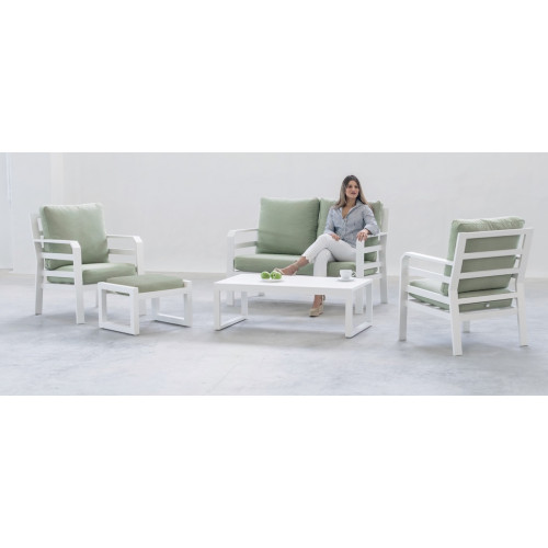 Salon de jardin sofa - Kravi-7 Dlux – 1 table, 1 canapé, 2 fauteuils - Blanc vert menta - HEVEA