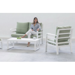 Salon de jardin sofa - Kravi-7 Dlux – 1 table, 1 canapé, 2 fauteuils - Blanc vert menta - HEVEA