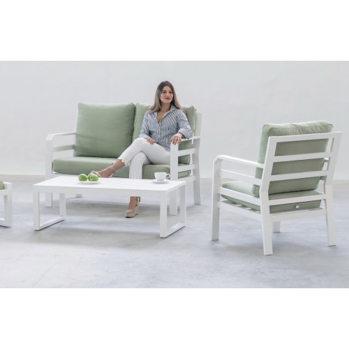 Salon de jardin sofa - Kravi-7 Dlux – 1 table, 1 canapé, 2 fauteuils - Blanc vert menta - HEVEA