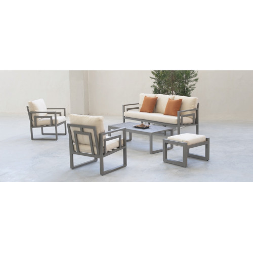 Salon de jardin sofa - Senia-10 Dralon – 1 table, 1 canapé, 2 fauteuils, 2 repose-pieds - Champagne beige Elsa - HEVEA