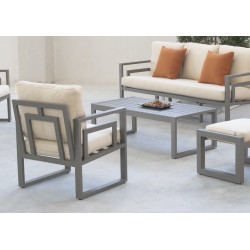 Salon de jardin sofa - Senia-10 Dralon – 1 table, 1 canapé, 2 fauteuils, 2 repose-pieds - Champagne beige Elsa - HEVEA