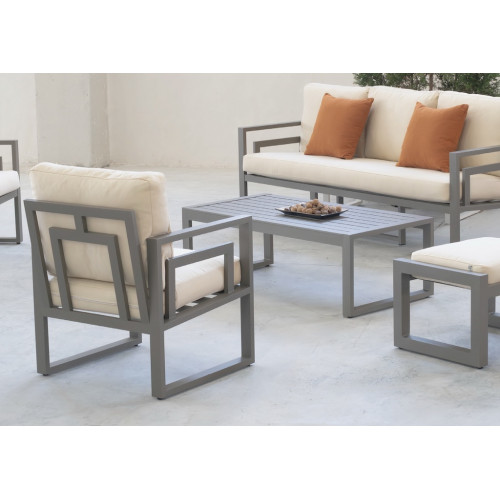 Salon de jardin sofa - Senia-10 Dralon – 1 table, 1 canapé, 2 fauteuils, 2 repose-pieds - Champagne beige Elsa - HEVEA