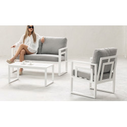 Salon de jardin sofa - Senia-7 Dralon – 1 table, 1 canapé, 2 fauteuils - Blanc gris Mariland - HEVEA