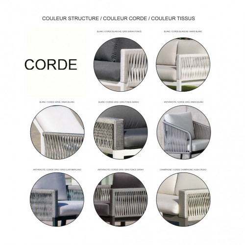 Salon de jardin sofa aluminium et corde - Yina-7 Dralon – 1 table, 1 canapé, 2 fauteuils - Anthracite - HEVEA