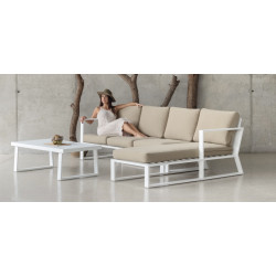 Salon de jardin sofa corner - Bolonia-38-IZQ Dralon – 1 table, 1 canapé, 1 chauffeuse, 1 chilienne - Blanc beige Elsa de marque HEVEA, référence: J8979100