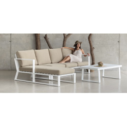 Salon de jardin sofa corner - Bolonia-38-DER Dralon – 1 table, 1 canapé, 1 chauffeuse, 1 chilienne - Blanc beige Elsa de marque HEVEA, référence: J8979200