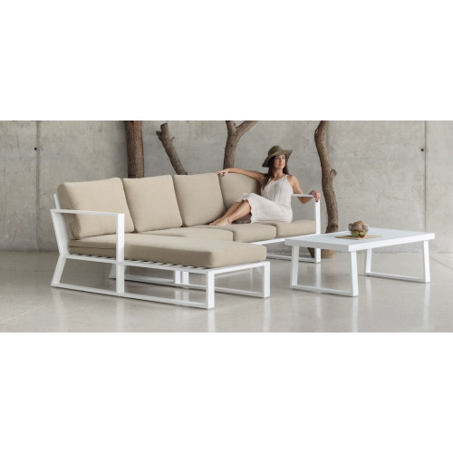 Salon de jardin sofa corner - Bolonia-38-DER Dralon – 1 table, 1 canapé, 1 chauffeuse, 1 chilienne - Blanc beige Elsa - HEVEA