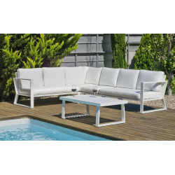 Salon de jardin sofa corner - Bolonia-28 Dralon DER – 1 table, 1 canapé, 1 canapé, 1 chauffeuse - Blanc blanc Anais de marque HEVEA, référence: J8979300