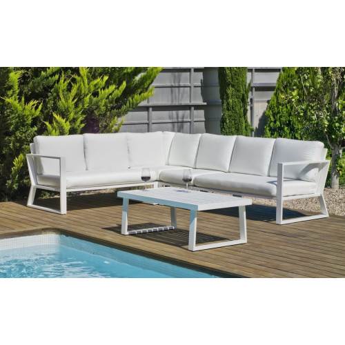 Salon de jardin sofa corner - Bolonia-28 Dralon DER – 1 table, 1 canapé, 1 canapé, 1 chauffeuse - Blanc blanc Anais - HEVEA