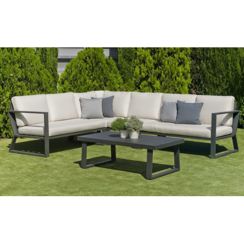 Salon de jardin sofa corner - Bolonia-28 Dralon DER – 1 table, 1 canapé, 1 chauffeuse - Anthracite beige Elsa - HEVEA