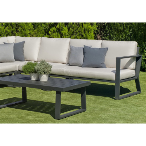 Salon de jardin sofa corner - Bolonia-28 Dralon DER – 1 table, 1 canapé, 1 chauffeuse - Anthracite beige Elsa - HEVEA