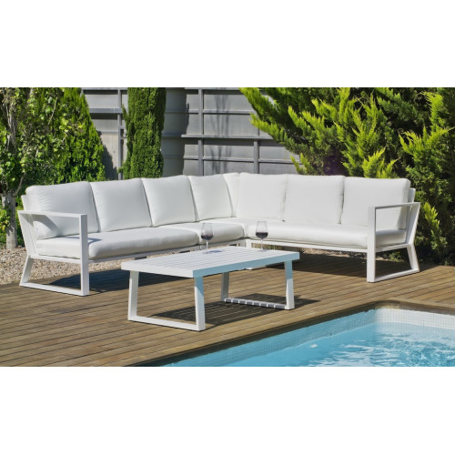 Salon de jardin sofa corner - Bolonia-28 Dralon IZQ – 1 table, 1 canapé, 1 chauffeuse - Blanc blanc Anais - HEVEA