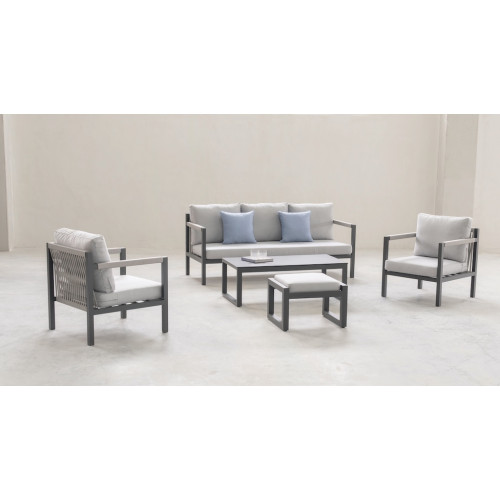 Salon de jardin sofa aluminium et corde - Damasco-8+1 Dralon – 1 table, 1 canapé, 2 fauteuils, 1 repose-pieds - Champagne Beige  - HEVEA