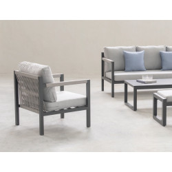 Salon de jardin sofa aluminium et corde - Damasco-8+1 Dralon – 1 table, 1 canapé, 2 fauteuils, 1 repose-pieds - Champagne Beige  - HEVEA