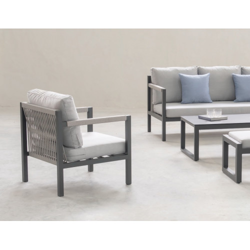 Salon de jardin sofa aluminium et corde - Damasco-8+1 Dralon – 1 table, 1 canapé, 2 fauteuils, 1 repose-pieds - Champagne Beige  - HEVEA