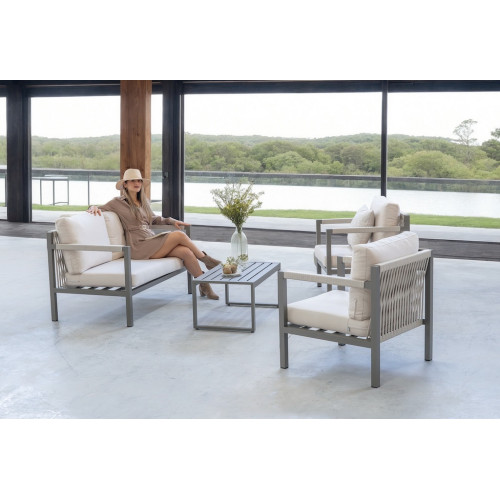 Salon de jardin sofa aluminium et corde - Damasco-7 Dralon – 1 table, 1 canapé, 2 fauteuils - Champagne Beige Elsa - HEVEA