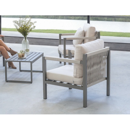 Salon de jardin sofa aluminium et corde - Damasco-7 Dralon – 1 table, 1 canapé, 2 fauteuils - Champagne Beige Elsa - HEVEA