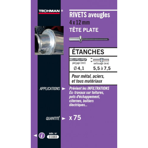 50 rivets étanches alu/acier (tête plate) Ø 4,8 x 12 mm - TECHMAN