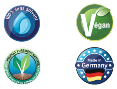 Logo produit purement naturel, matières premières renouvelables, 100% sans solvant, végan, produit made in germany.